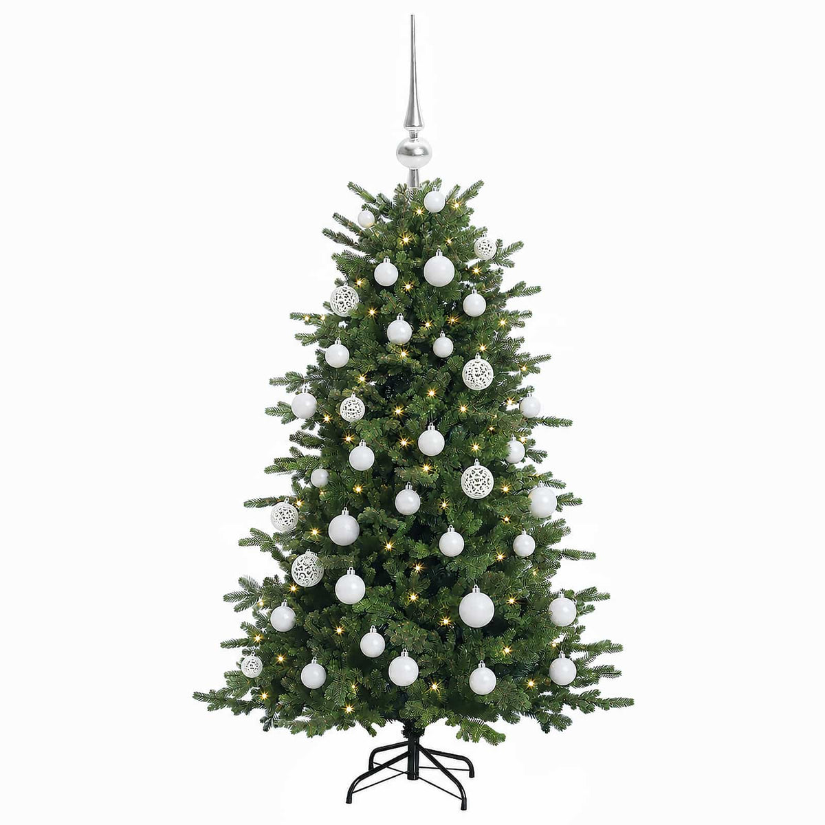 Konstgjord julgran med julkulor 120 cm 150 LED-lampor Varmvit