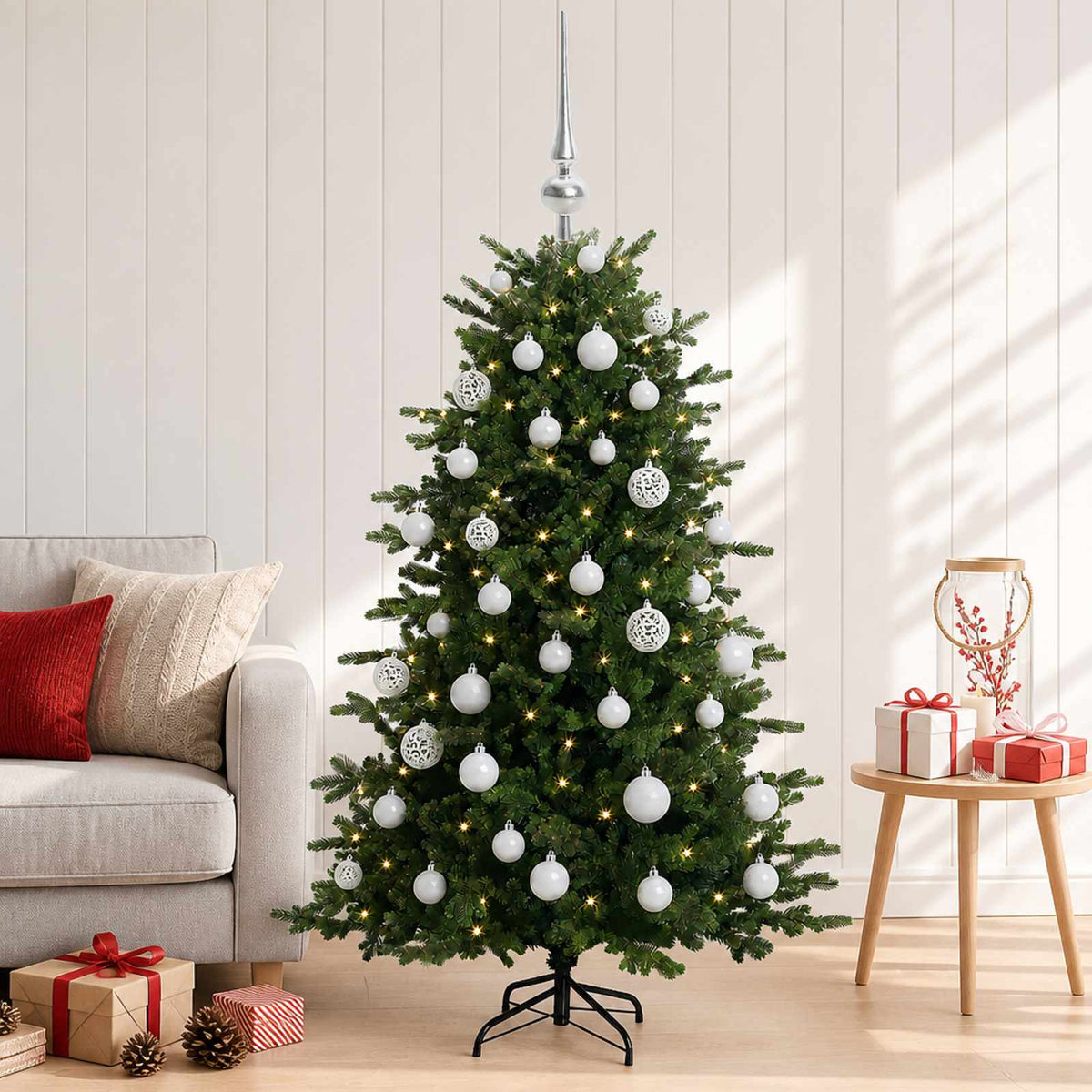 Konstgjord julgran med julkulor 120 cm 150 LED-lampor Varmvit