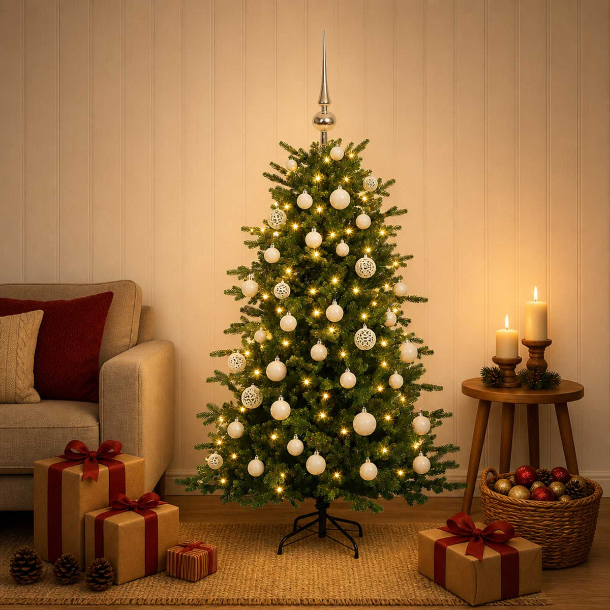 Konstgjord julgran med julkulor 120 cm 150 LED-lampor Varmvit