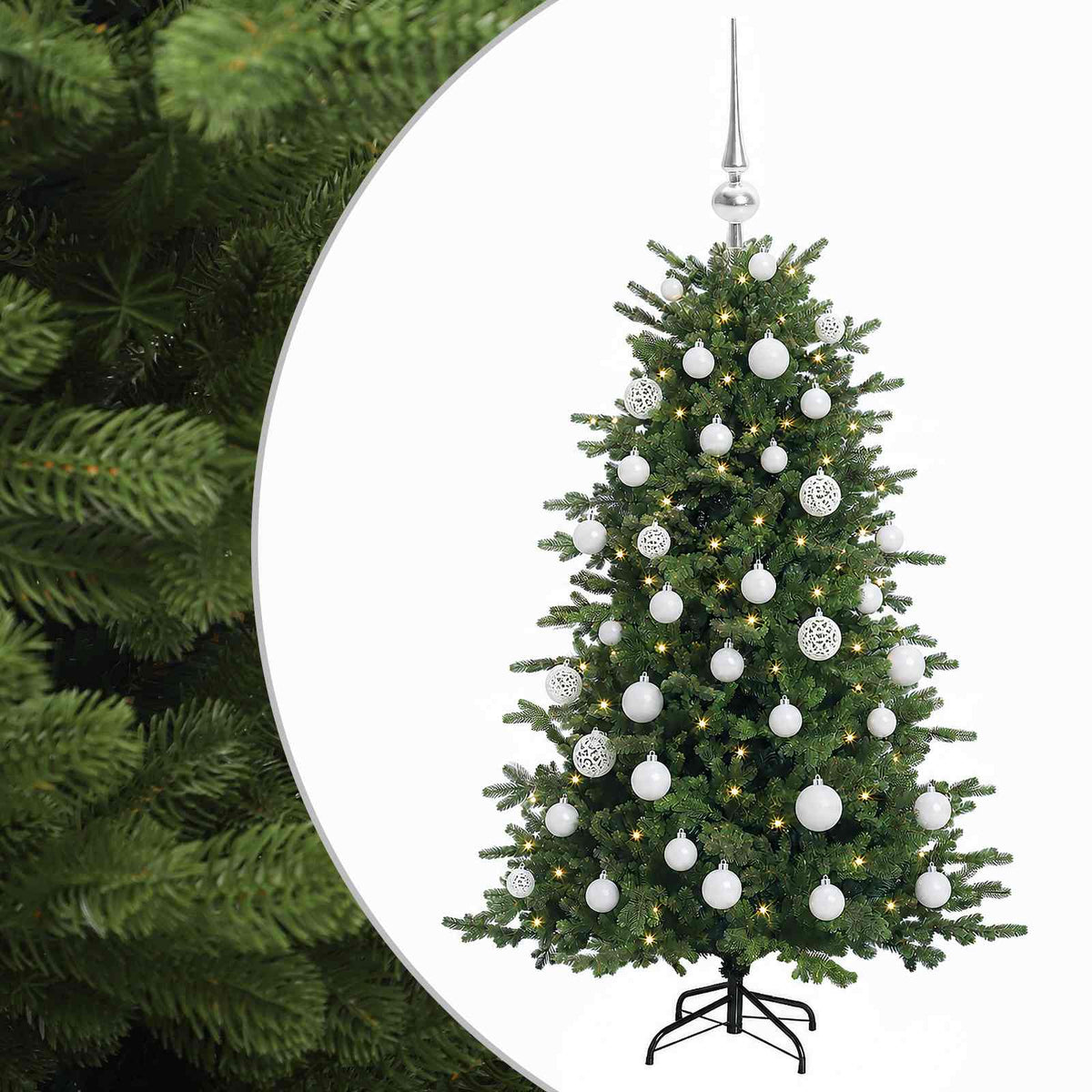 Konstgjord julgran med julkulor 150 cm 150 LED-lampor Varmvit