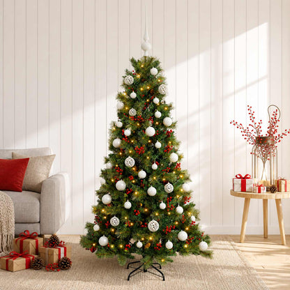 Konstgjord julgran med julkulor 150 cm 150 LED-lampor Varmvit