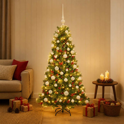 Konstgjord julgran med julkulor 150 cm 150 LED-lampor Varmvit