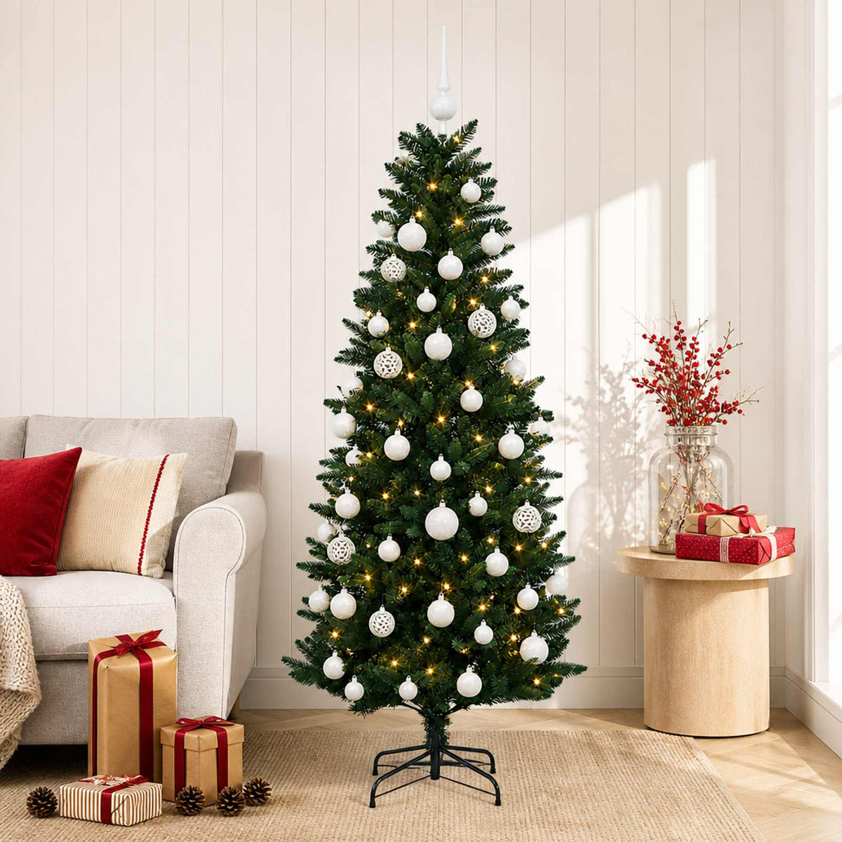 Konstgjord julgran med kulor 150 cm 150 LED-lampor Varmvit