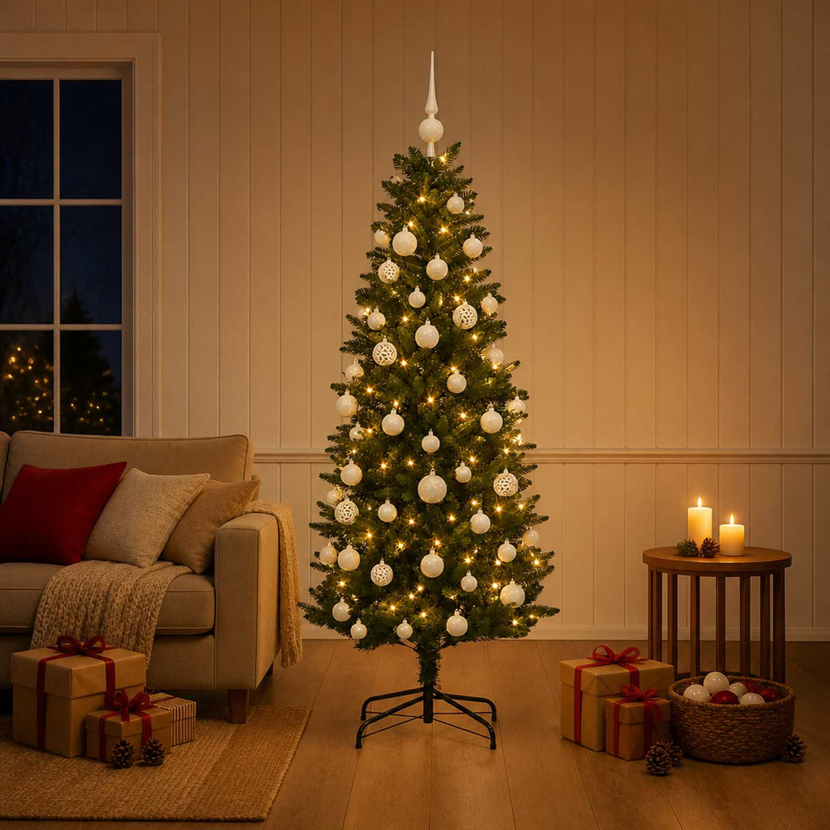 Konstgjord julgran med kulor 150 cm 150 LED-lampor Varmvit
