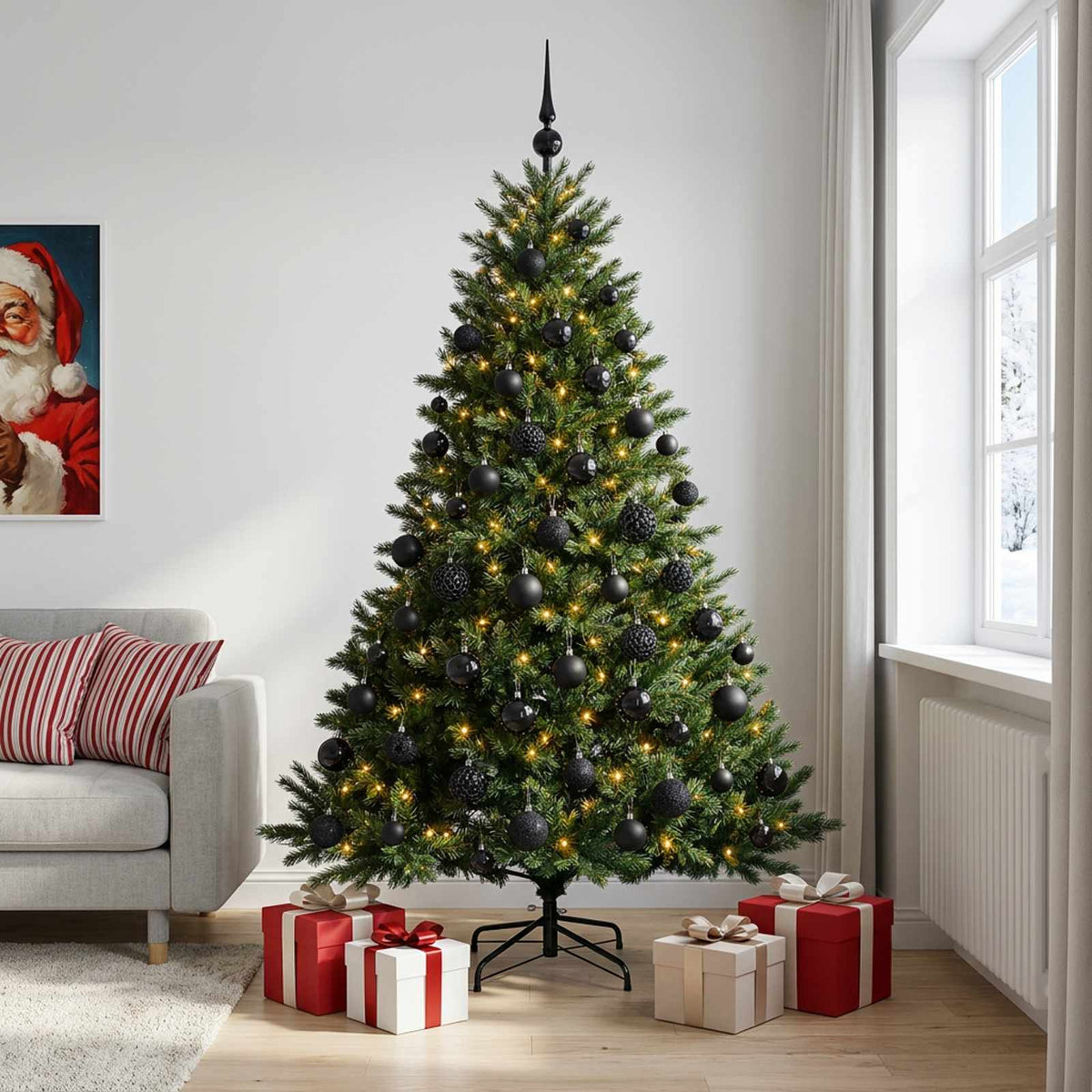 Konstgjord julgran med julkulor 180 cm 300 LED-lampor Varmvit