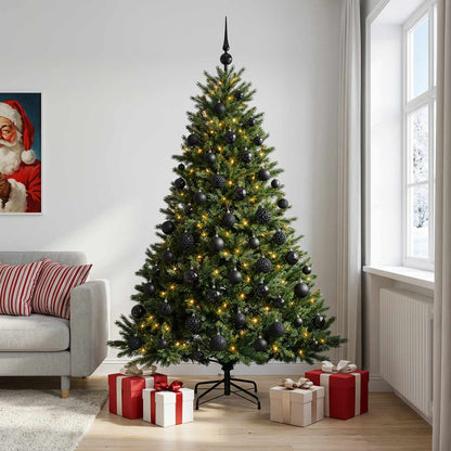 Konstgjord julgran med julkulor 210 cm 300 LED-lampor Varmvit