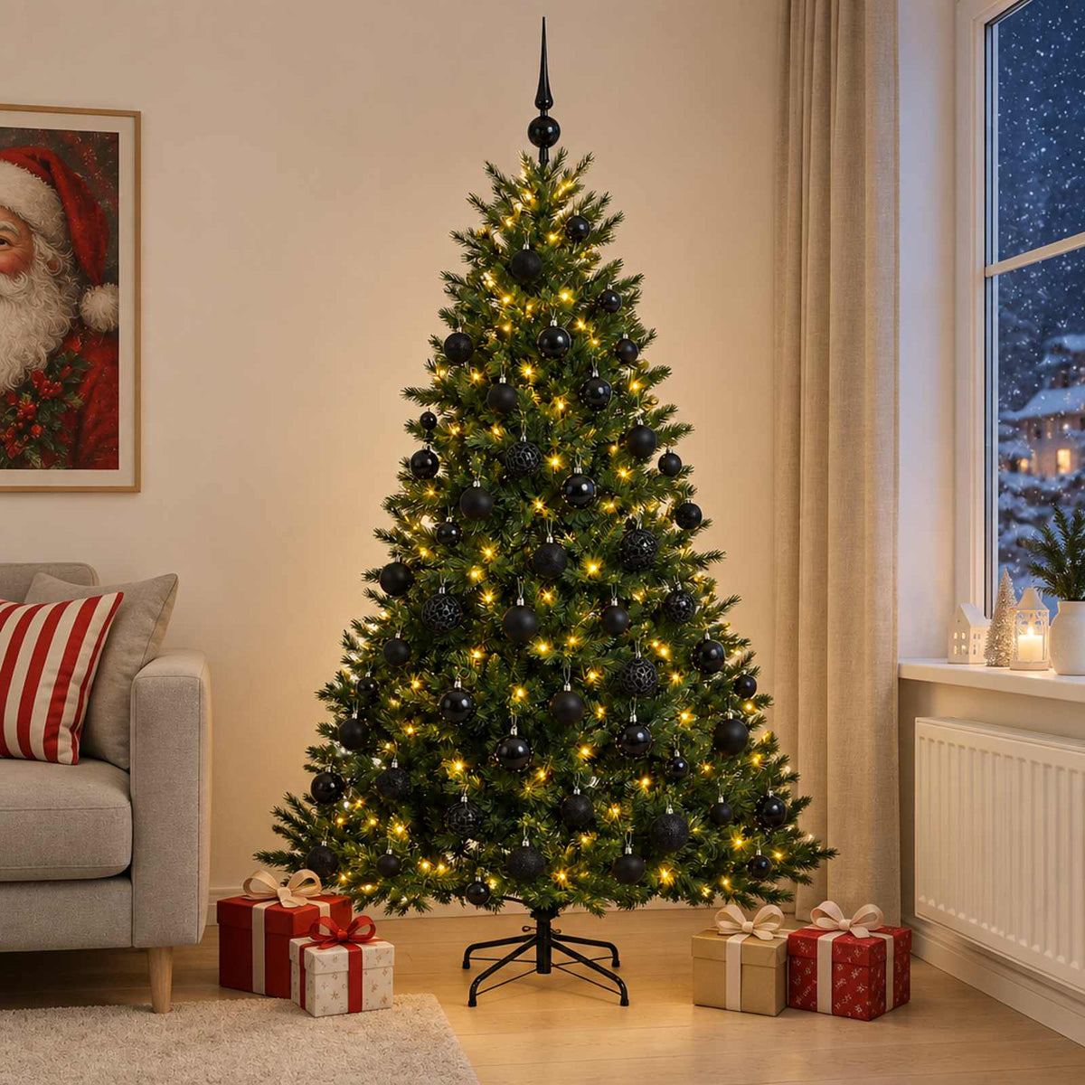 Konstgjord julgran med julkulor 210 cm 300 LED-lampor Varmvit