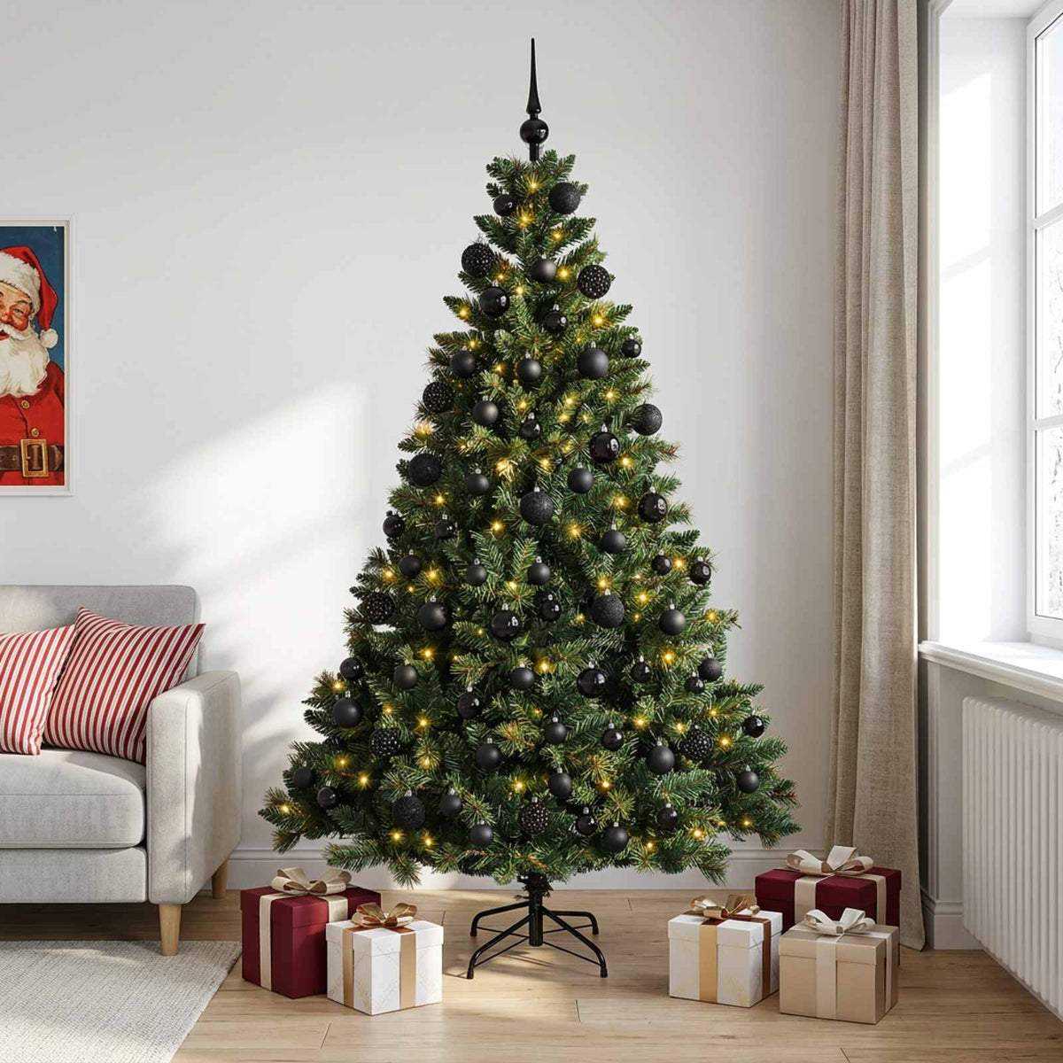 Konstgjord julgran med kulor 240 cm 300 LED-lampor Varmvit