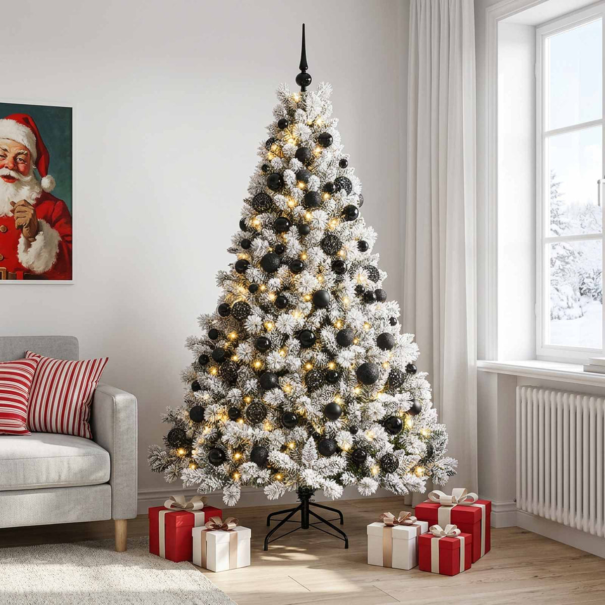 Konstgjord julgran med kulor 240 cm 300 LED-lampor Varmvit