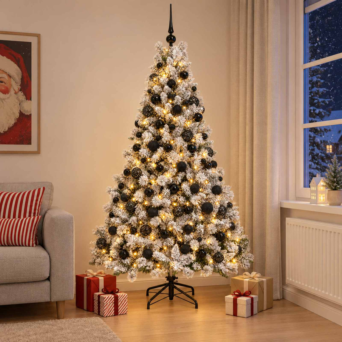Konstgjord julgran med kulor 180 cm 300 LED-lampor Varmvit