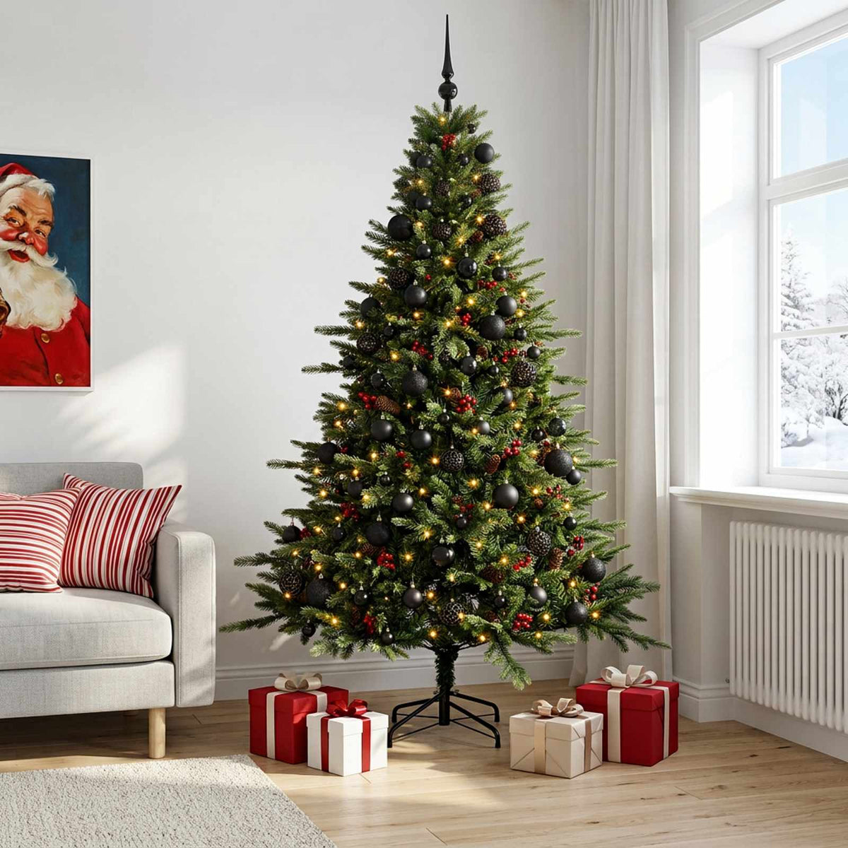 Konstgjord julgran med julkulor 210 cm 300 LED-lampor Varmvit