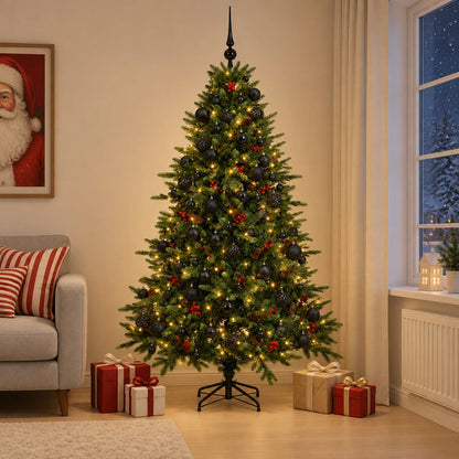 Konstgjord julgran med julkulor 210 cm 300 LED-lampor Varmvit