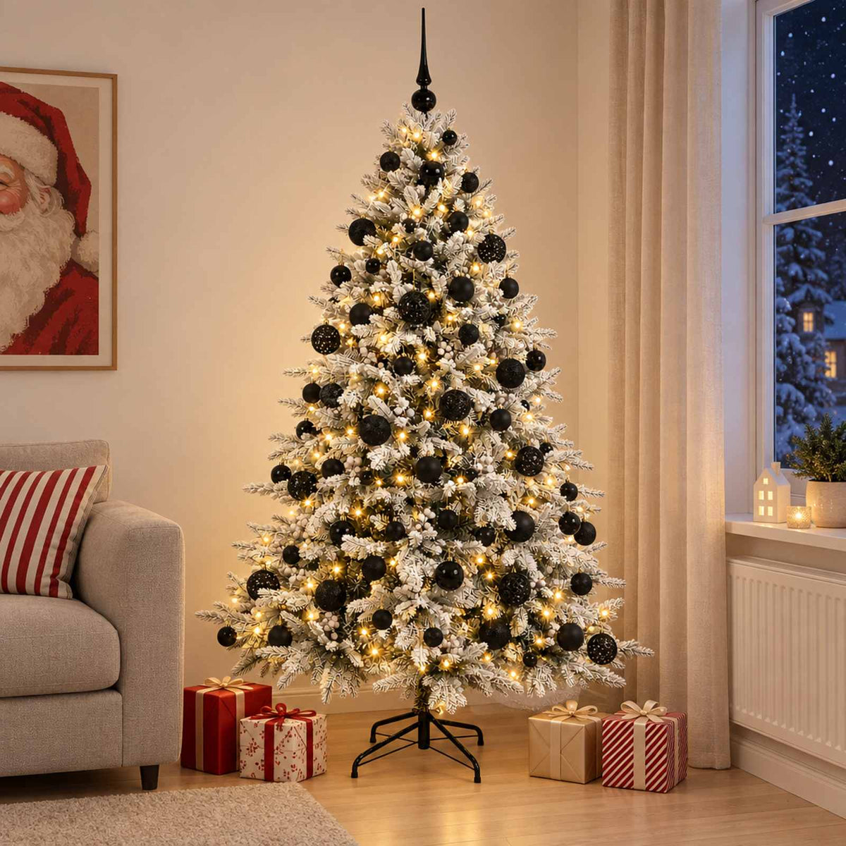 Konstgjord julgran med julkulor 210 cm 300 LED-lampor Varmvit