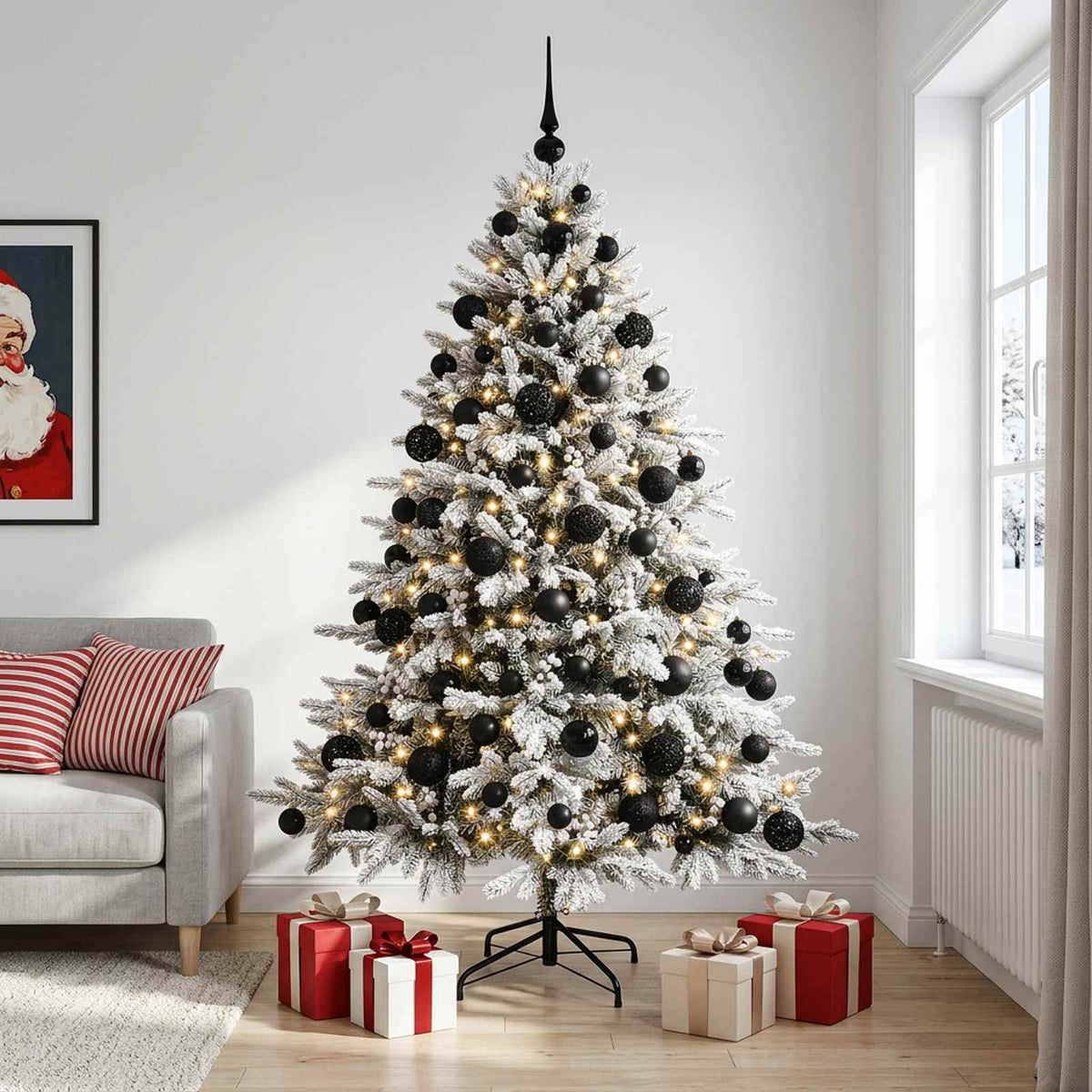 Konstgjord julgran med julkulor 210 cm 300 LED-lampor Varmvit