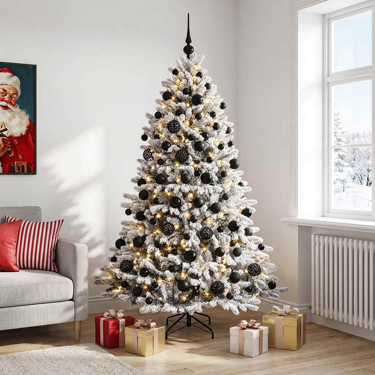 Konstgjord julgran med julkulor 180 cm 300 LED-lampor Varmvit