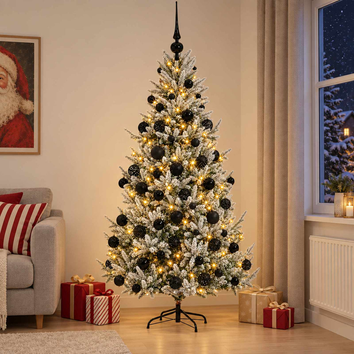 Konstgjord julgran med julkulor 180 cm 300 LED-lampor Varmvit