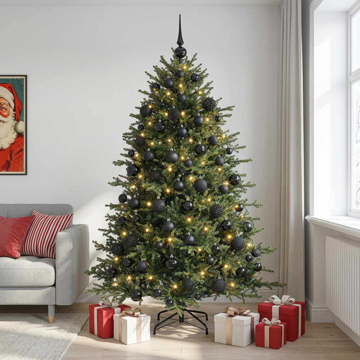 Konstgjord julgran med julkulor 210 cm 300 LED-lampor Varmvit