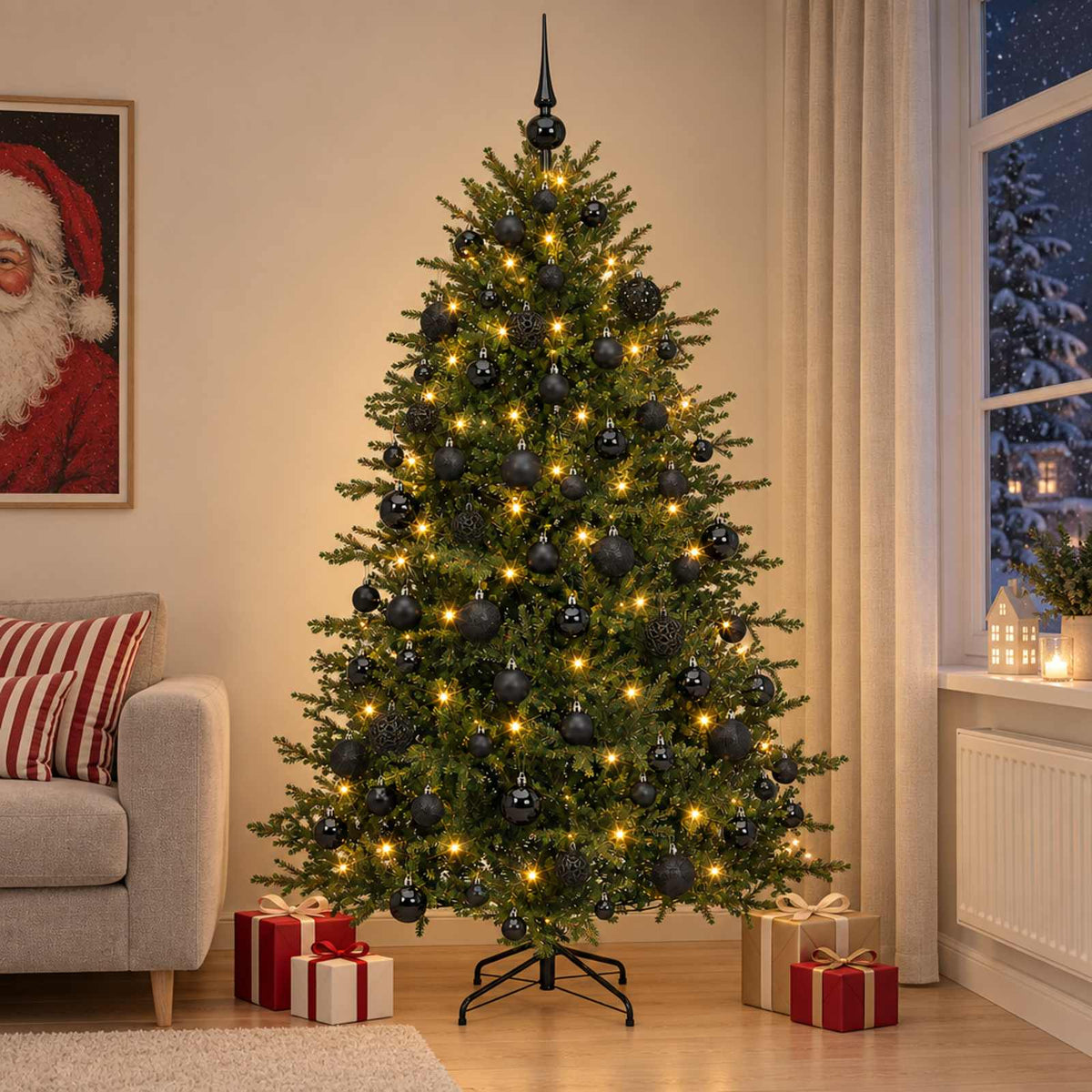 Konstgjord julgran med julkulor 210 cm 300 LED-lampor Varmvit
