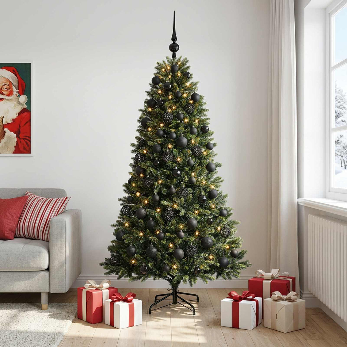 Konstgjord julgran med kulor 210 cm 300 LED-lampor Varmvit