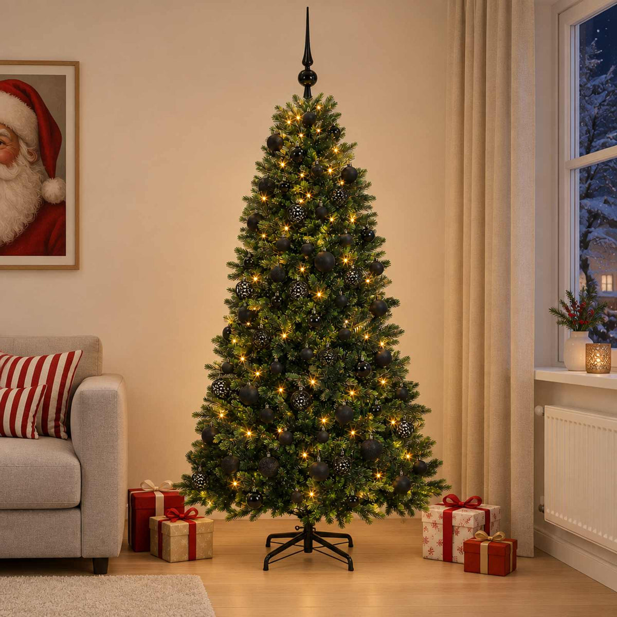 Konstgjord julgran med kulor 210 cm 300 LED-lampor Varmvit