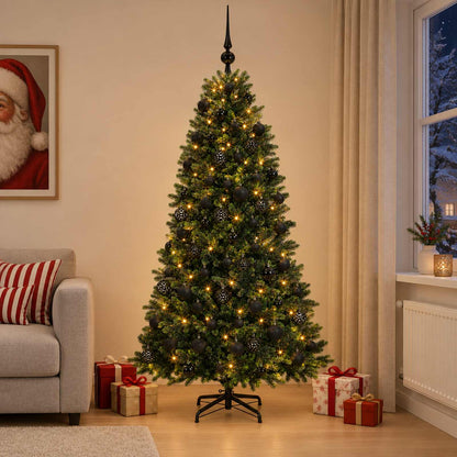 Konstgjord julgran med kulor 210 cm 300 LED-lampor Varmvit
