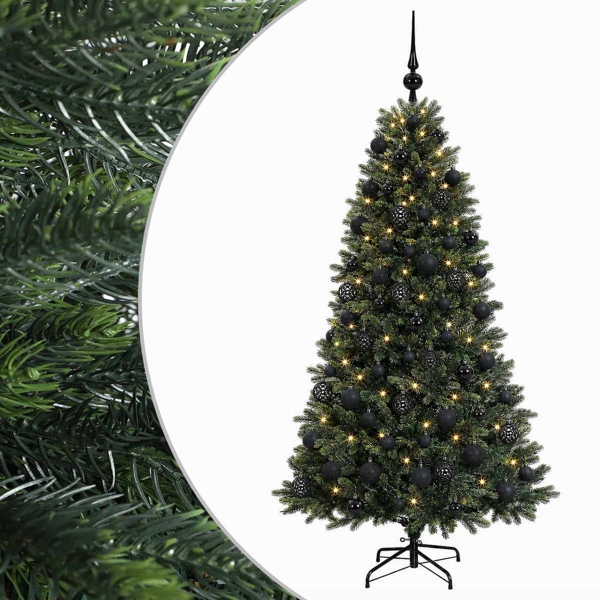 Konstgjord julgran med kulor 210 cm 300 LED-lampor Varmvit