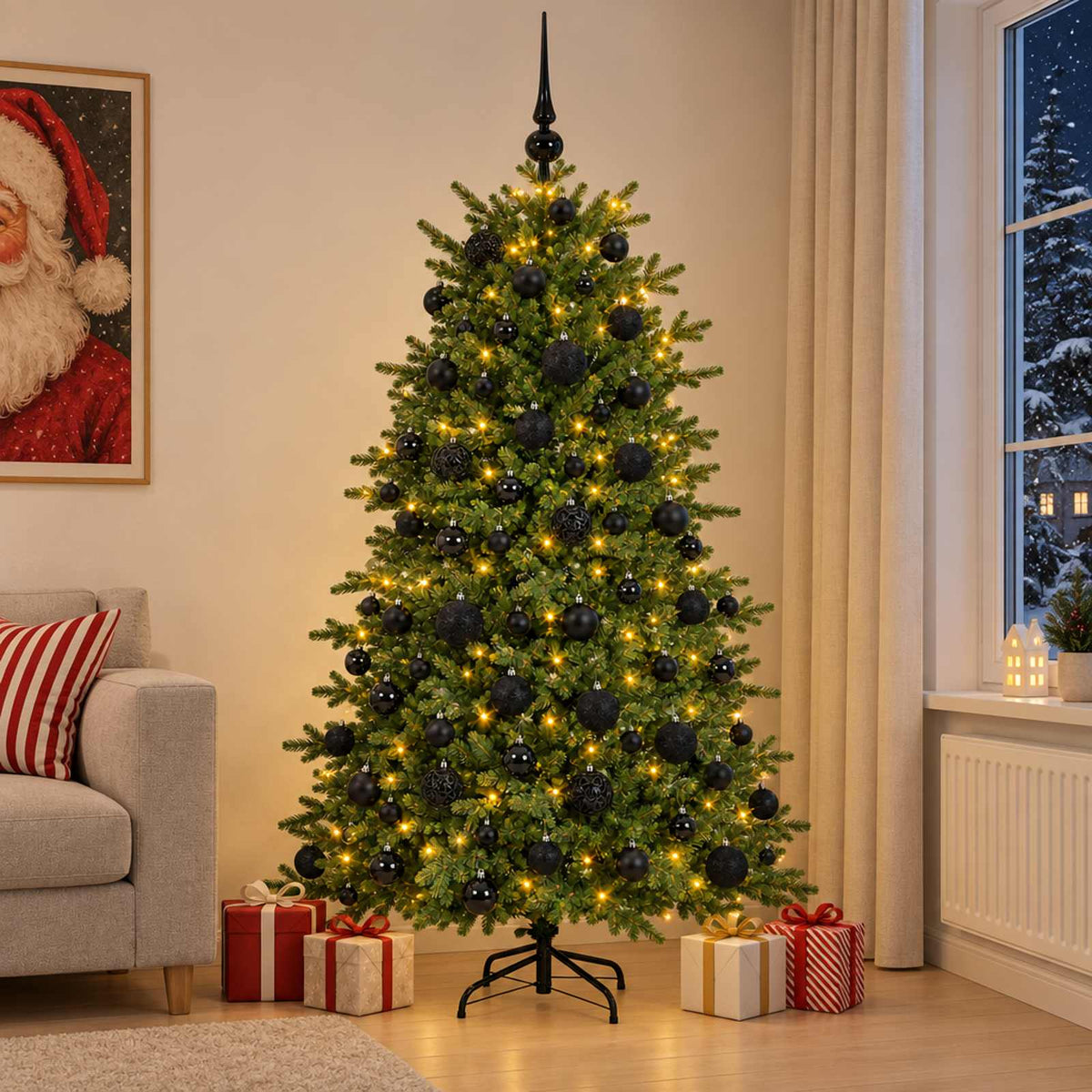Konstgjord julgran med julkulor 180 cm 300 LED-lampor Varmvit