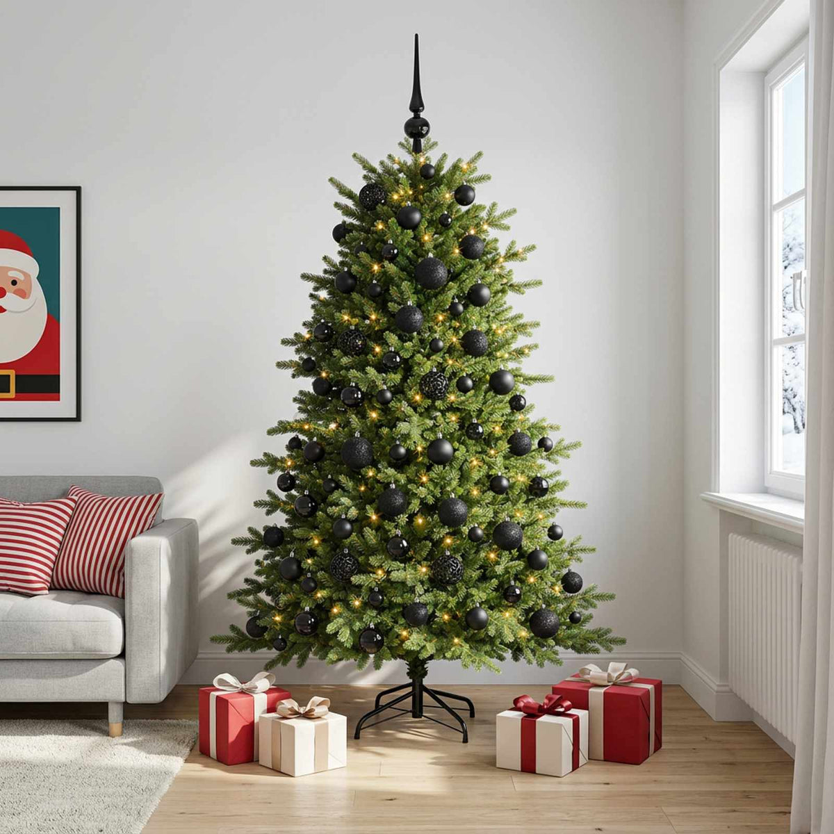 Konstgjord julgran med julkulor 210 cm 300 LED-lampor Varmvit