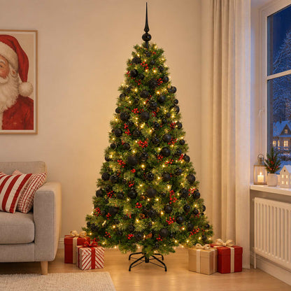 Konstgjord julgran med julkulor 180 cm 300 LED-lampor Varmvit