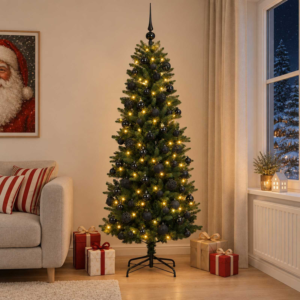 Konstgjord julgran med kulor 180 cm 300 LED-lampor Varmvit