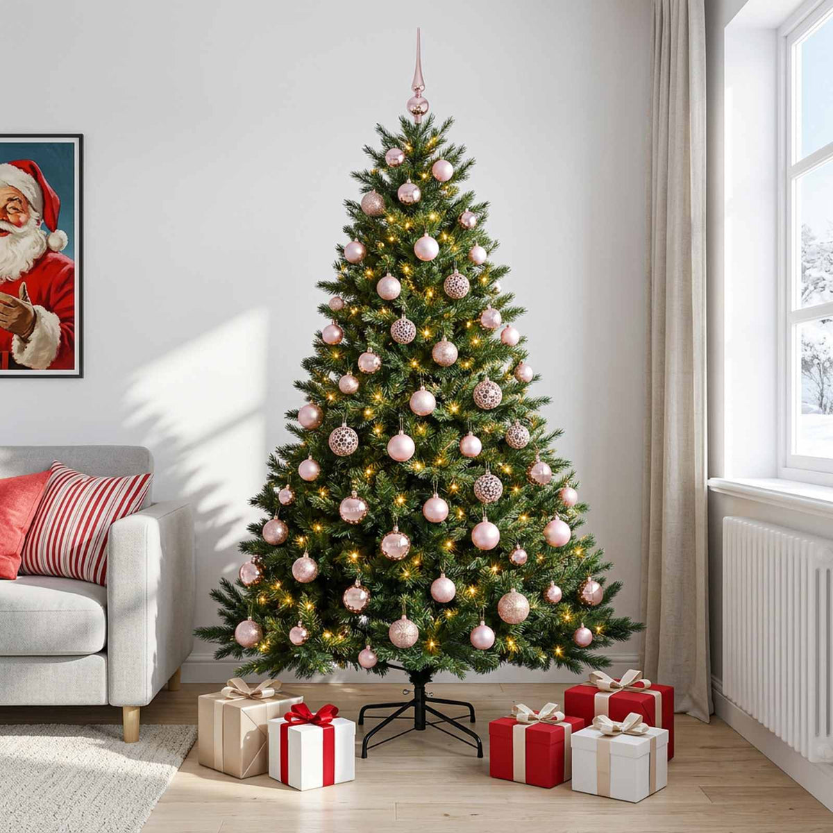 Konstgjord julgran med julkulor 180 cm 300 LED-lampor Varmvit