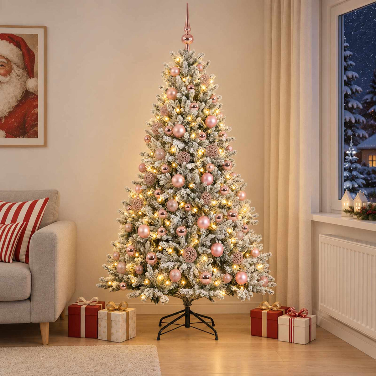 Konstgjord julgran med julkulor 240 cm 300 LED-lampor Varmvit