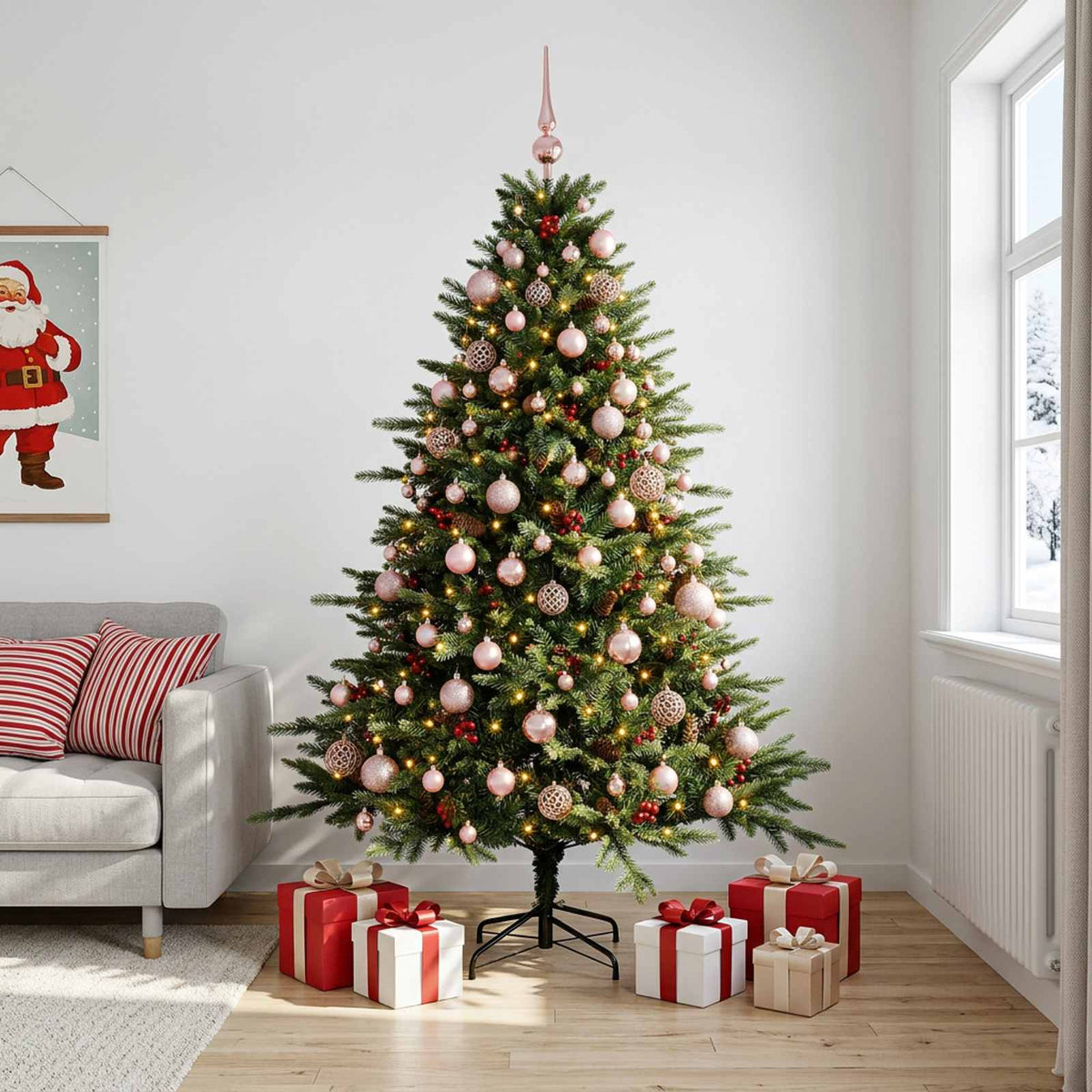 Konstgjord julgran med julkulor 210 cm 300 LED-lampor Varmvit