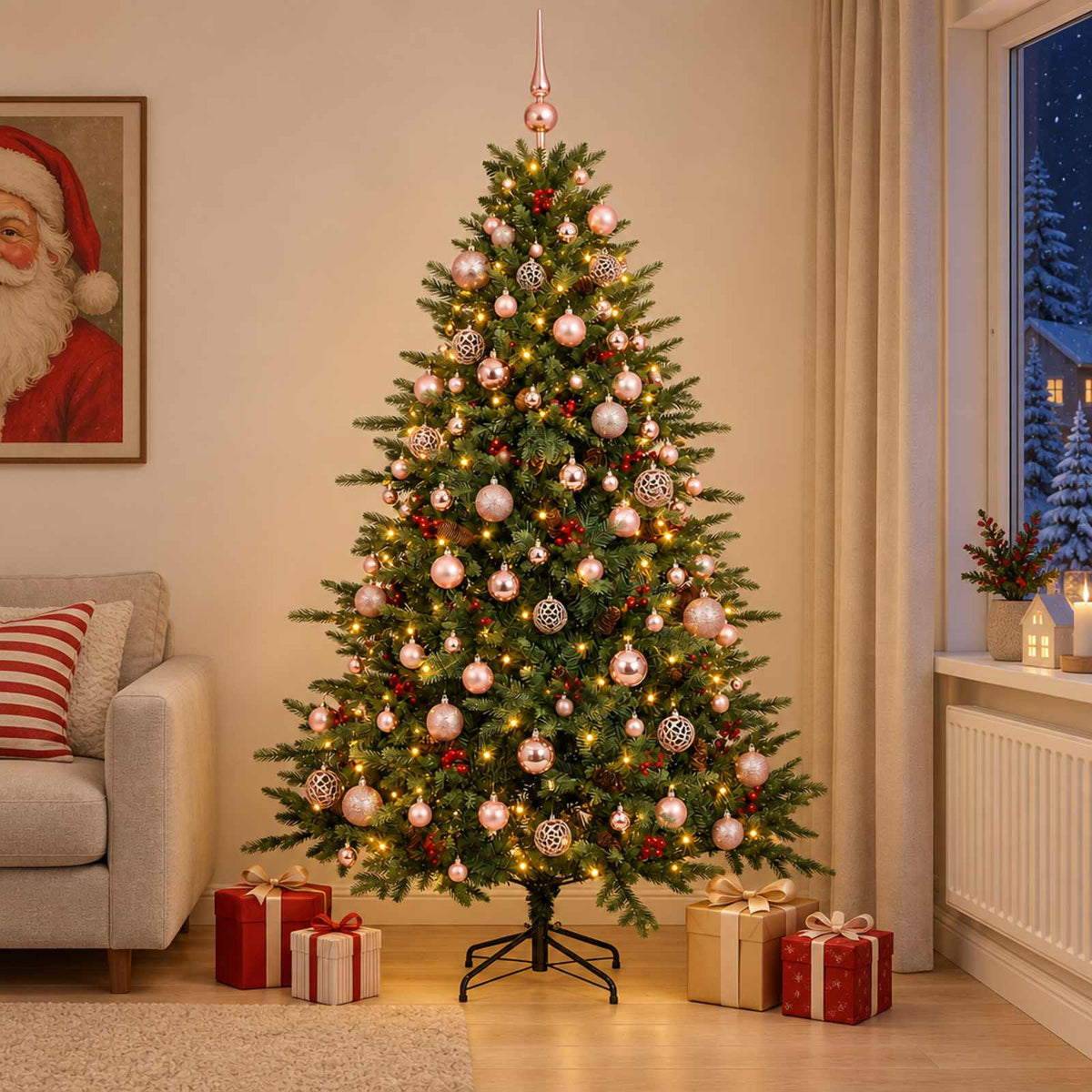 Konstgjord julgran med julkulor 210 cm 300 LED-lampor Varmvit