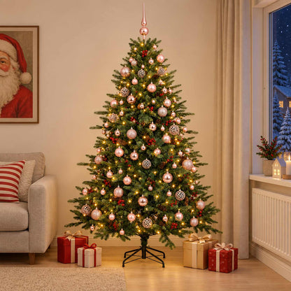 Konstgjord julgran med julkulor 180 cm 300 LED-lampor Varmvit