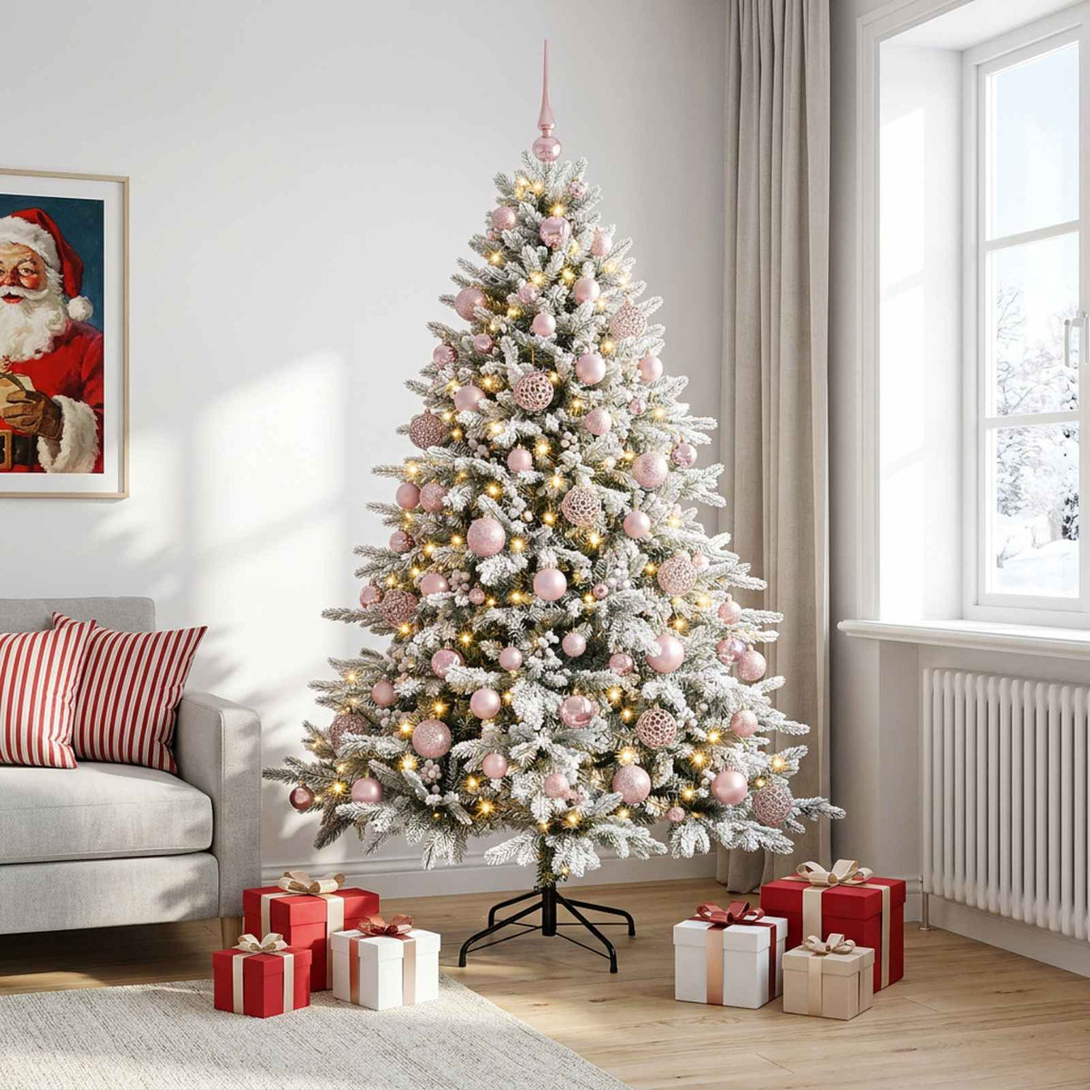 Konstgjord julgran med julkulor 210 cm 300 LED-lampor Varmvit