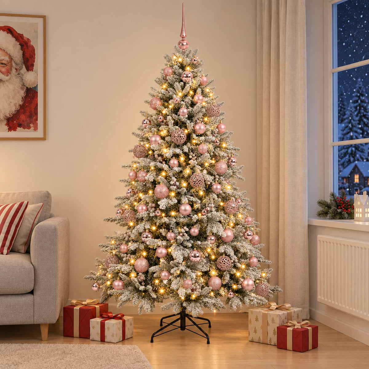Konstgjord julgran med julkulor 210 cm 300 LED-lampor Varmvit