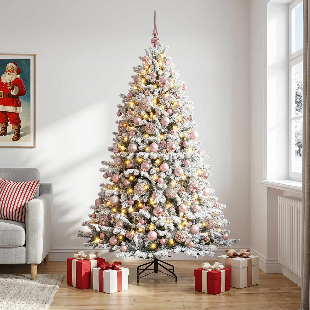Konstgjord julgran med kulor 210 cm 300 LED-lampor Varmvit