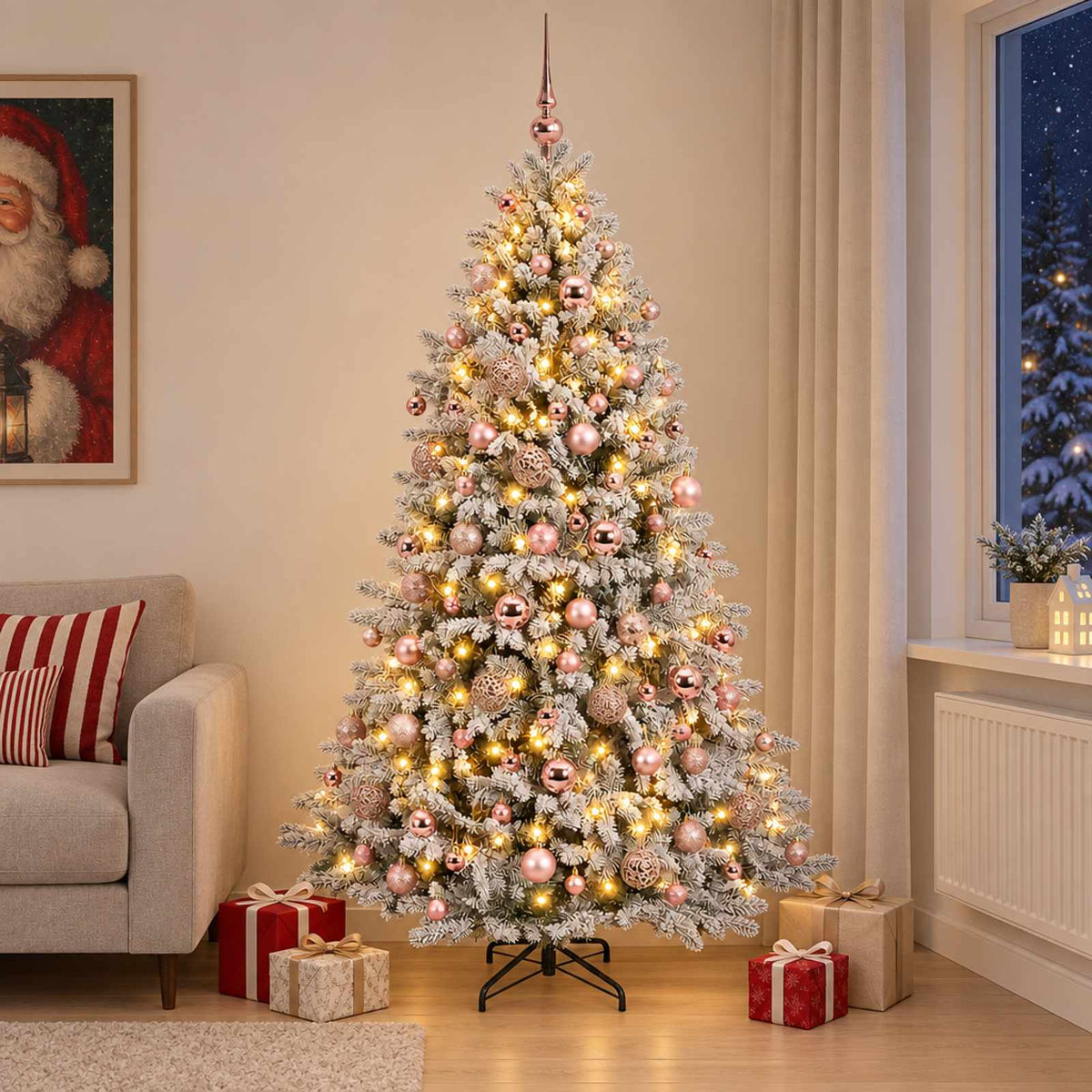 Konstgjord julgran med kulor 210 cm 300 LED-lampor Varmvit