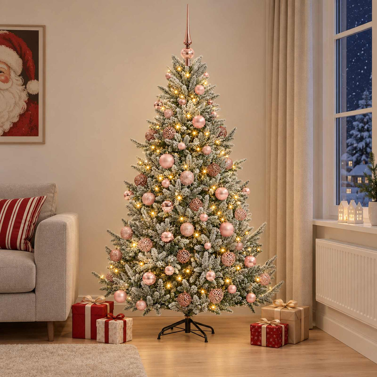 Konstgjord julgran med julkulor 180 cm 300 LED-lampor Varmvit