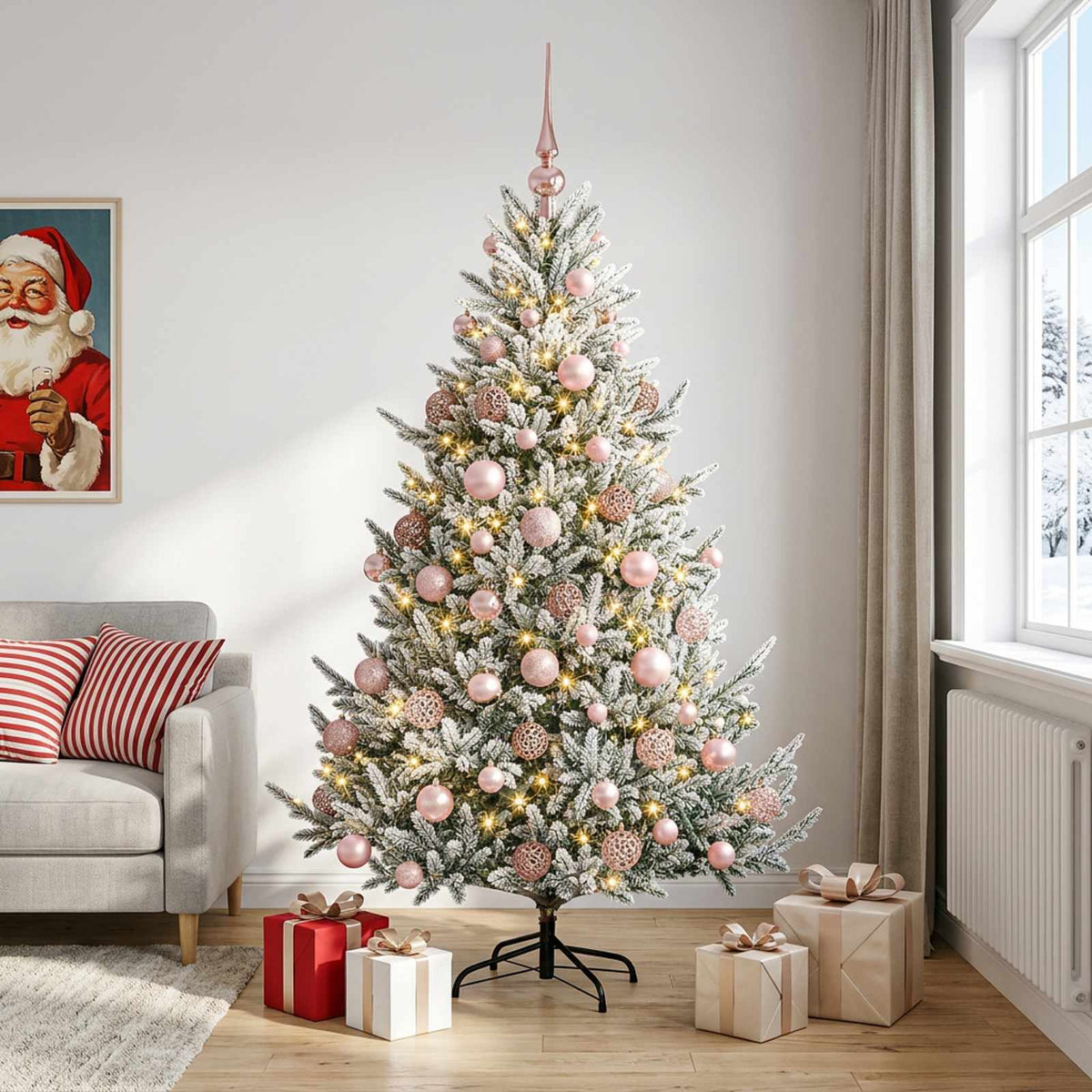 Konstgjord julgran med julkulor 180 cm 300 LED-lampor Varmvit