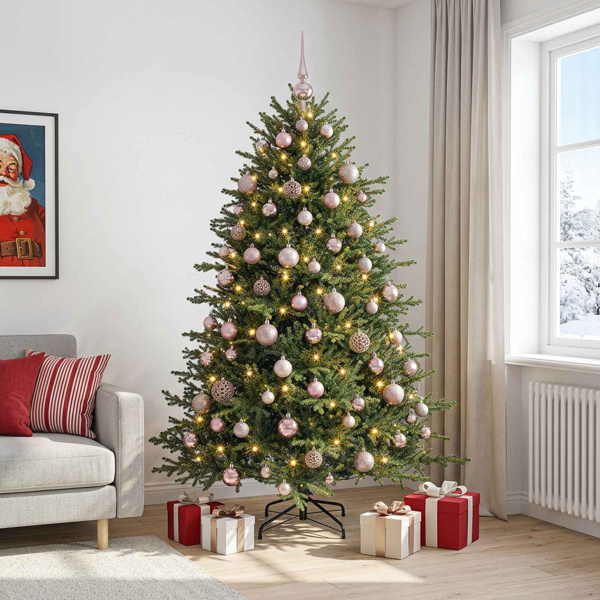 Konstgjord julgran med julkulor 180 cm 300 LED-lampor Varmvit