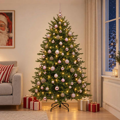 Konstgjord julgran med julkulor 240 cm 300 LED-lampor Varmvit