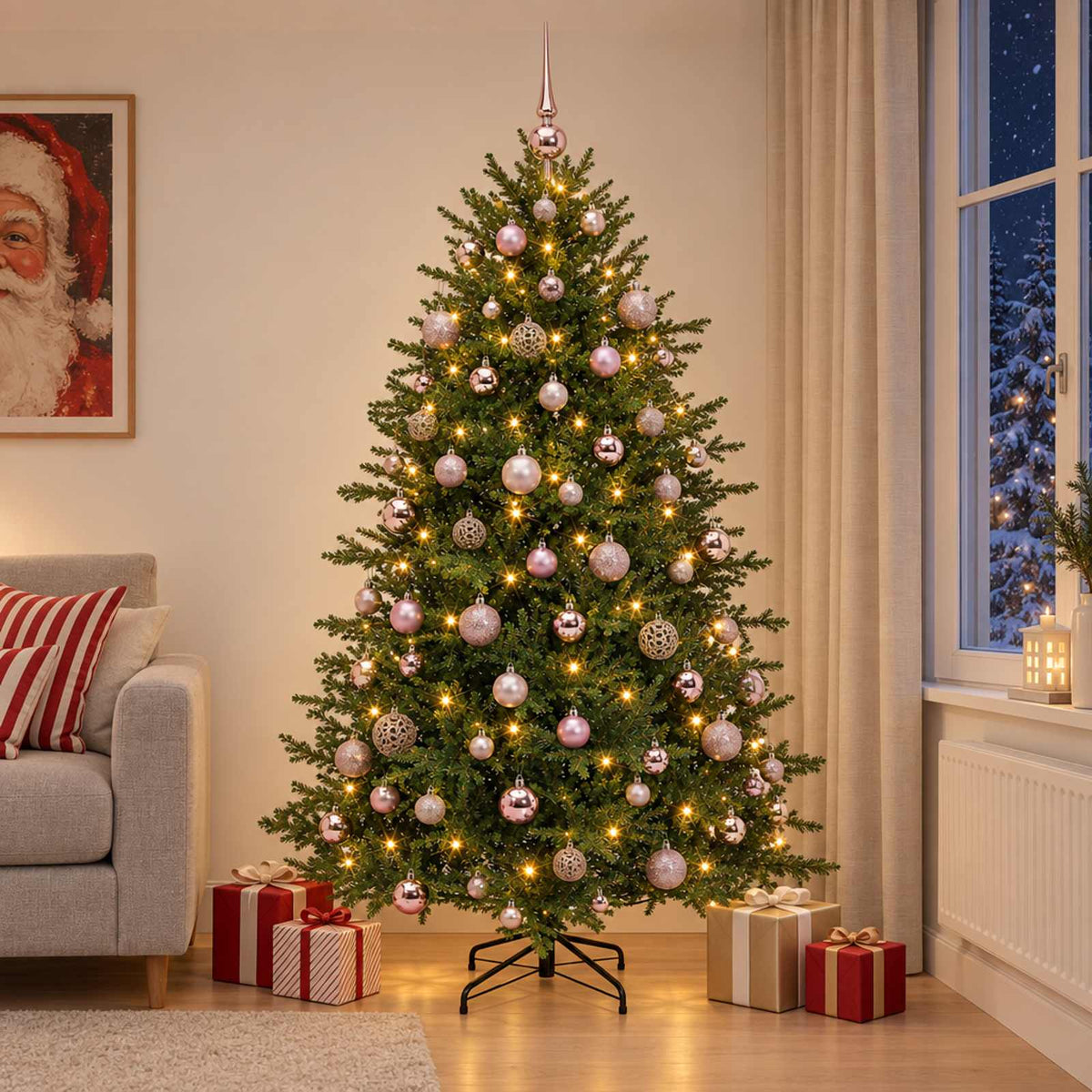Konstgjord julgran med julkulor 180 cm 300 LED-lampor Varmvit