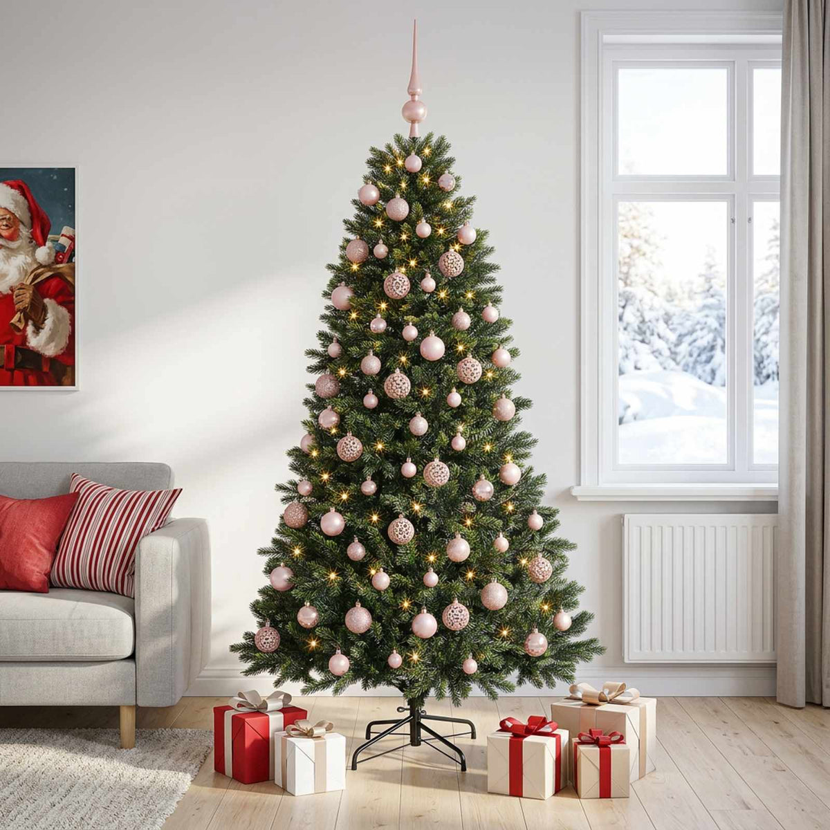 Konstgjord julgran med kulor 180 cm 300 LED-lampor Varmvit