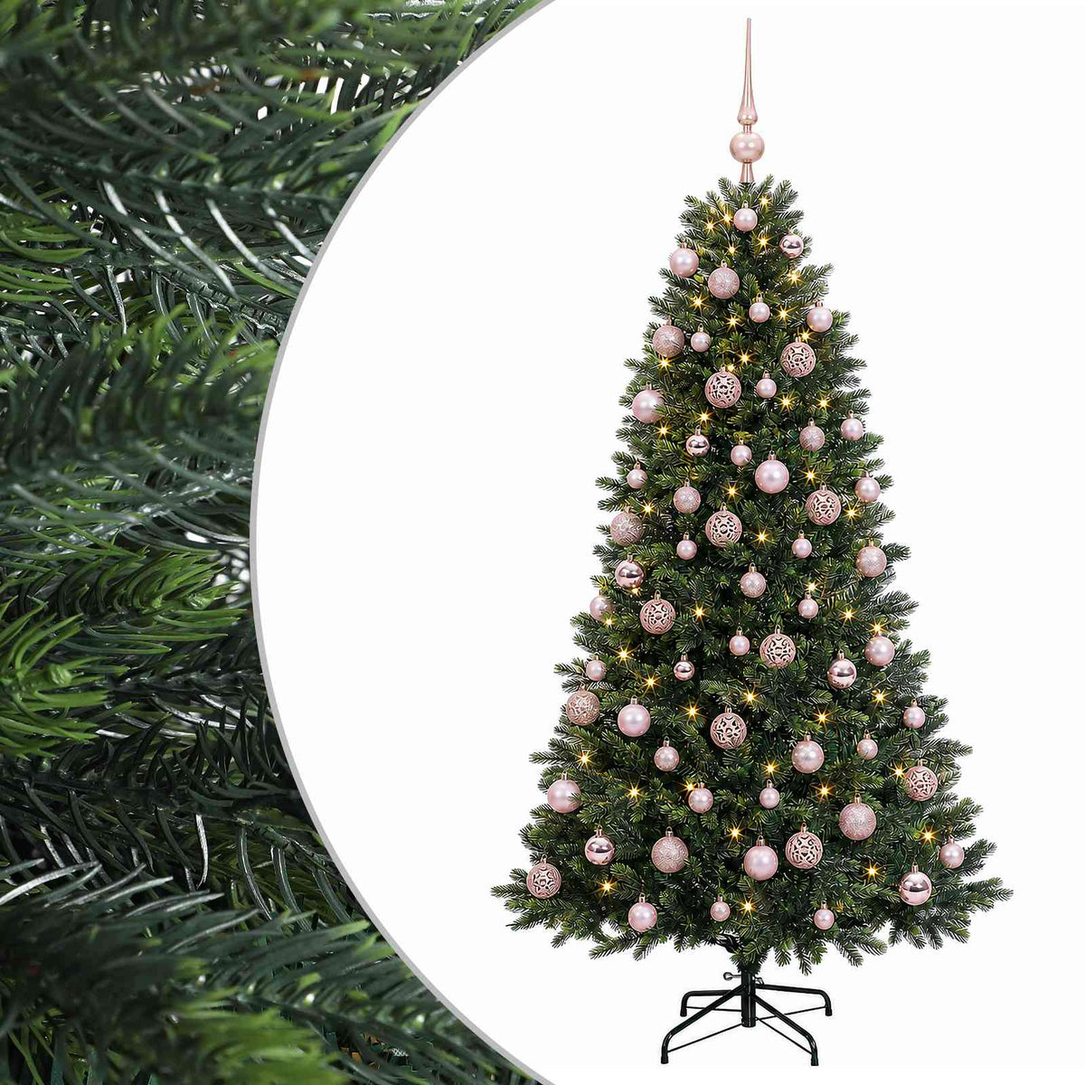 Konstgjord julgran med kulor 210 cm 300 LED-lampor Varmvit