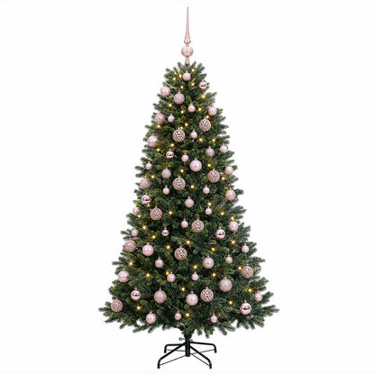 Konstgjord julgran med kulor 210 cm 300 LED-lampor Varmvit