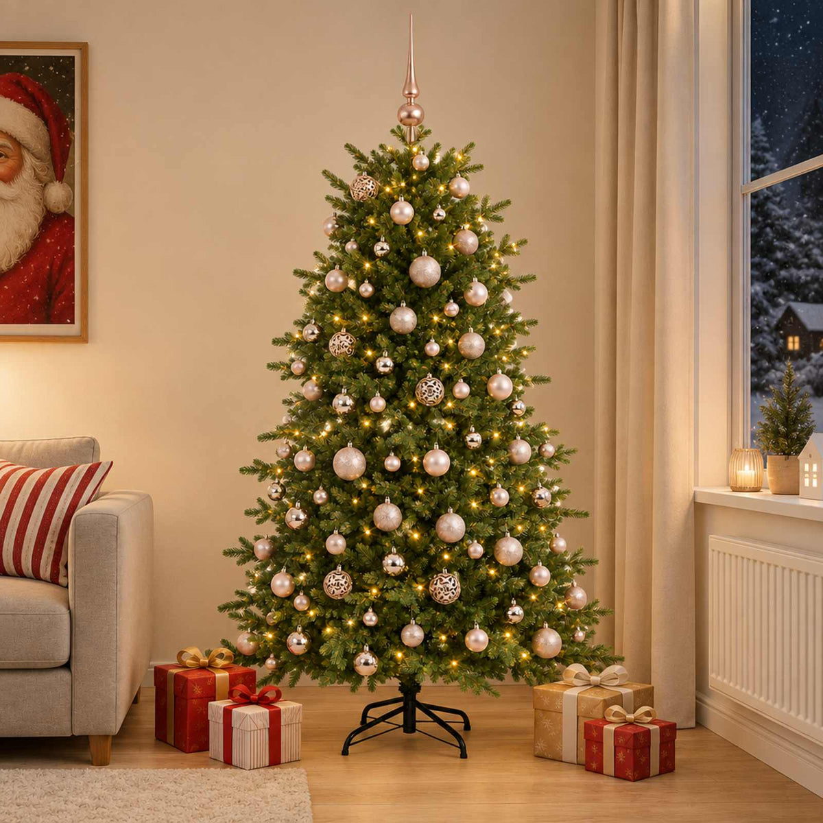 Konstgjord julgran med julkulor 210 cm 300 LED-lampor Varmvit