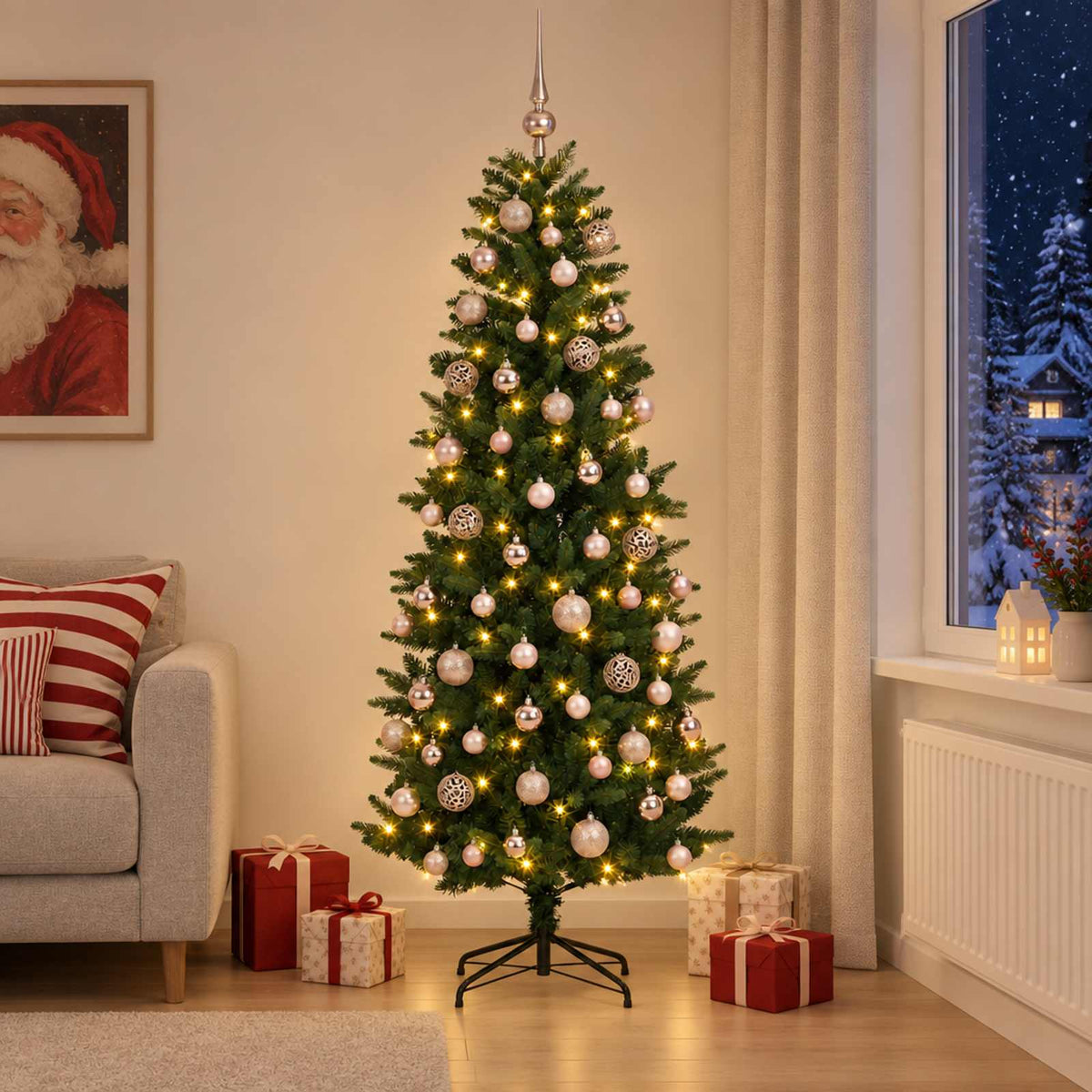 Konstgjord julgran med kulor 180 cm 300 LED-lampor Varmvit