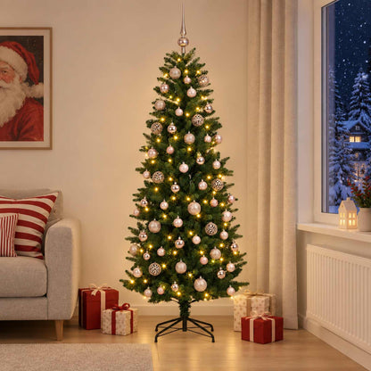 Konstgjord julgran med kulor 180 cm 300 LED-lampor Varmvit